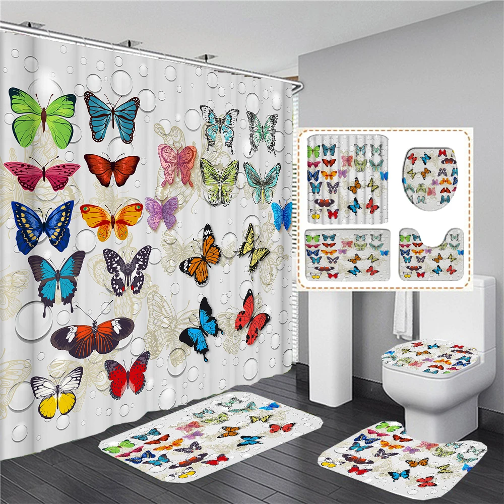 

Водонепроницаемые тканевые занавески для душа с 3D-принтом в виде бабочек и цветов, занавеска для ванной комнаты, коврик для унитаза, нескользящий коврик, домашний декор