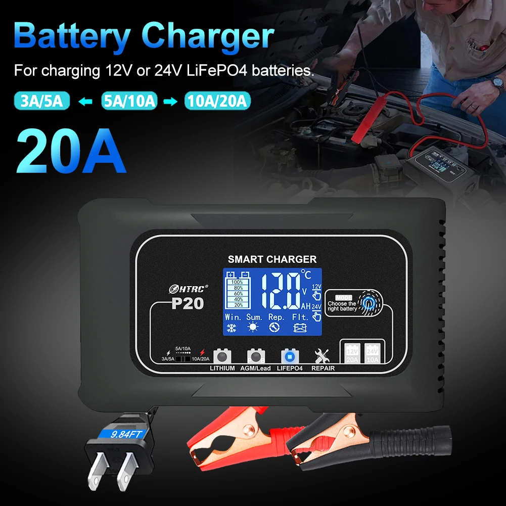 HTRC 20A Car Motorcycle Battery Charger 12V20A 24V10A Automatic Pulse Repair Charger For AGM Lithium Lead-Acid LiFePO4 Batteries
HTRC 20A Car Motorcycle Battery Charger 12V20A 24V10A Automatic Pulse Repair Charger For AGM Lithium Lead-Acid LiFePO4 Batteries