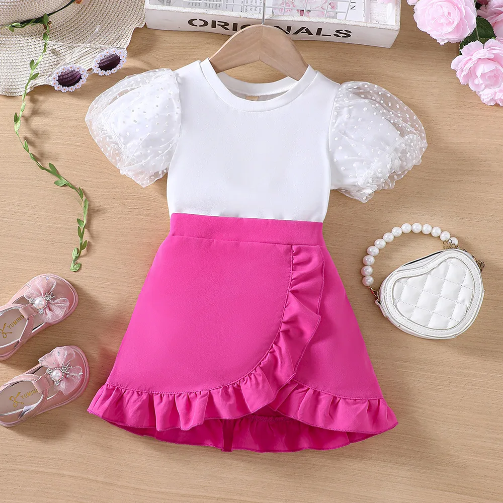 

Childrens Sets Clothing New Girls Summer White T-shirt Rose Red Ruffled Edge Skirt 2024 Round Collar Simple Puff Sleeve