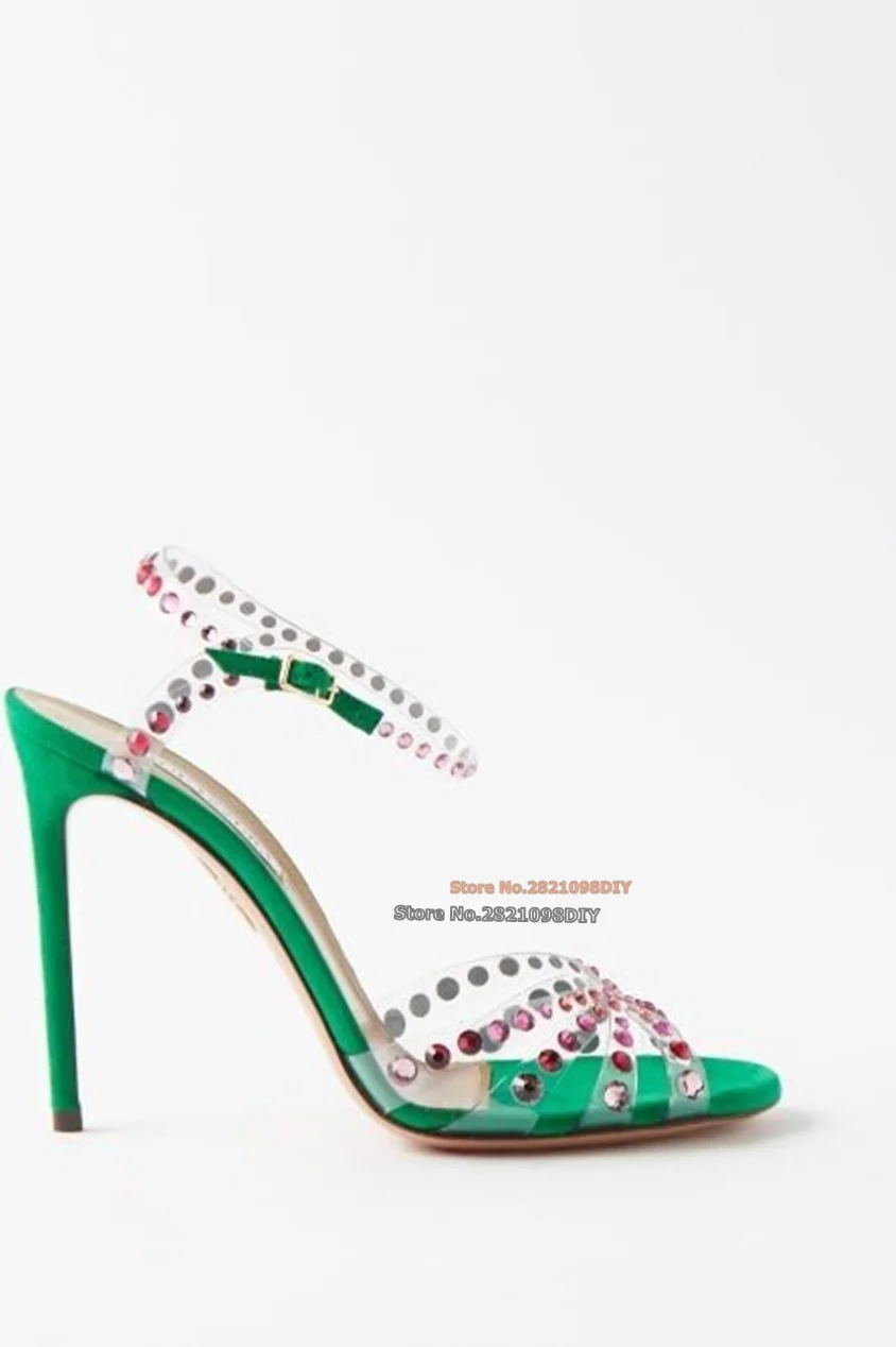 Green Translucent Pvc Anke Straps Embellished with Rows of Glistening Gem Pin-Thin Stiletto Heel Women Party Shoes
Green Translucent Pvc Anke Straps Embellished with Rows of Glistening Gem Pin-Thin Stiletto Heel Women Party Shoes