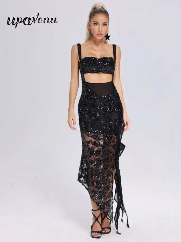

2024 Women Sexy Asymmetric Sequin Dress Spaghetti Strap Sleeveless Bodycon Hollow Lotus Leaf Design Dress Evening Party Vestidos