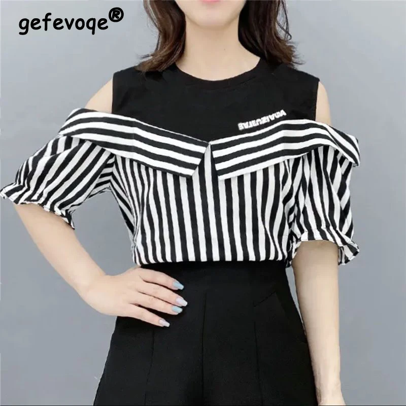 Women's Korean Fashion Striped Print Patchwork Blouse 2024 Summer Sexy Off Shoulder Short Sleeve Shirt Female Casual Loose Tops
Women's Korean Fashion Striped Print Patchwork Blouse 2024 Summer Sexy Off Shoulder Short Sleeve Shirt Female Casual Loose Tops