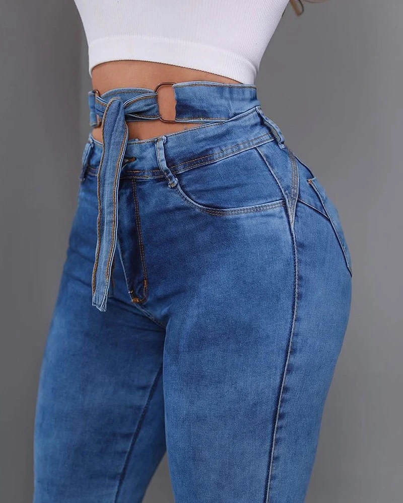 

New Fall Casual High Waistskinny Jeans Button Tied Detail Pocket Cutout Raw Hem Design Women's Fashion Denim Trousers Y2K 2023