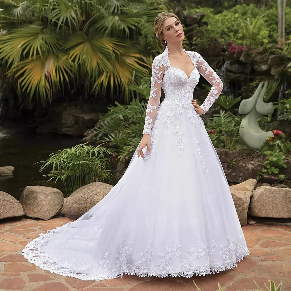 

Appliques Vestido De Noiva Long Sleeves Illlusion Back Vestidos De Novia Sweetheart Sweep Train HIGH Neck Wedding Dress