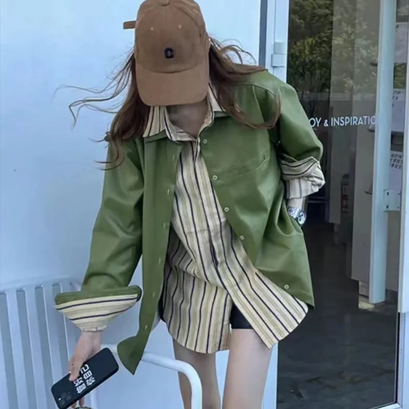 Women's Leather Jacket Spring 2023 New Fashion Retro Niche Versatile High-grade Street Green Leather Coat Female Striped Shirt
Women's Leather Jacket Spring 2023 New Fashion Retro Niche Versatile High-grade Street Green Leather Coat Female Striped Shirt