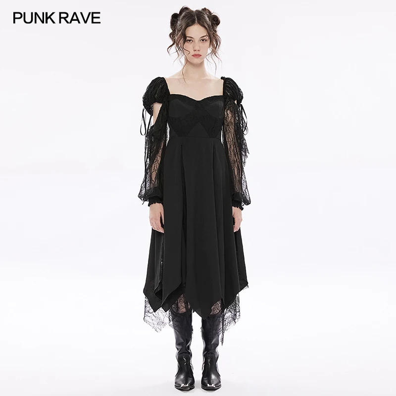 

PUNK RAVE Women's Lace Scarf Hem Crepe Chiffon+ Texture Long Dress Club Collect Waist Loose Black Spring/Summer