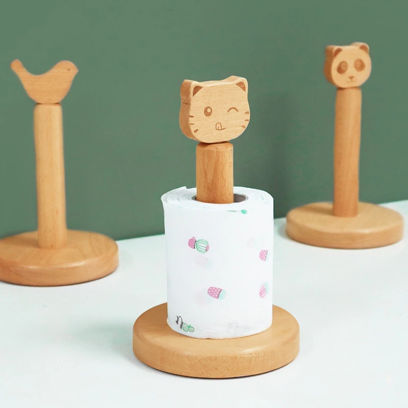 Wooden Animal Head Tissue Holder Japanese-Style Desktop Cartoon Kitchen Toilet Paper Roll Stand Face Cloth Storage Rack Short |