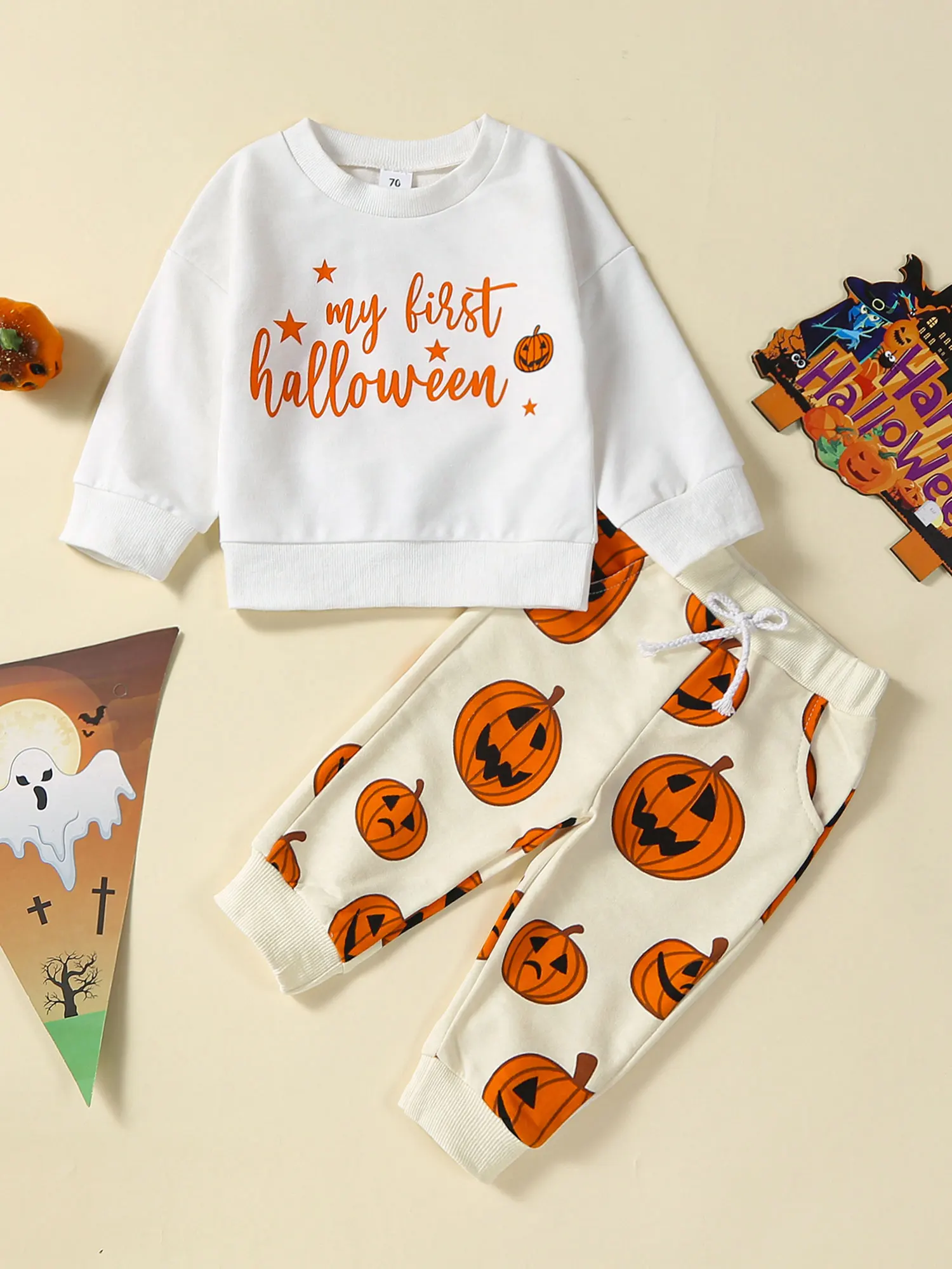 

Cute and Cozy Halloween Costume for Infants Adorable Pumpkin Print Long Sleeve Sweatshirt and Pants Set for Baby Boys and