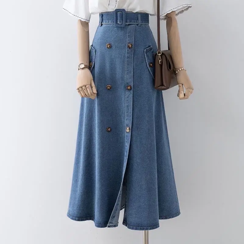 2023 Women's Denim Long Skirt with Belted High Wasit Double Breasted Umbrella Jeans Skirts Female Straight A-Line Skirt
2023 Women's Denim Long Skirt with Belted High Wasit Double Breasted Umbrella Jeans Skirts Female Straight A-Line Skirt
