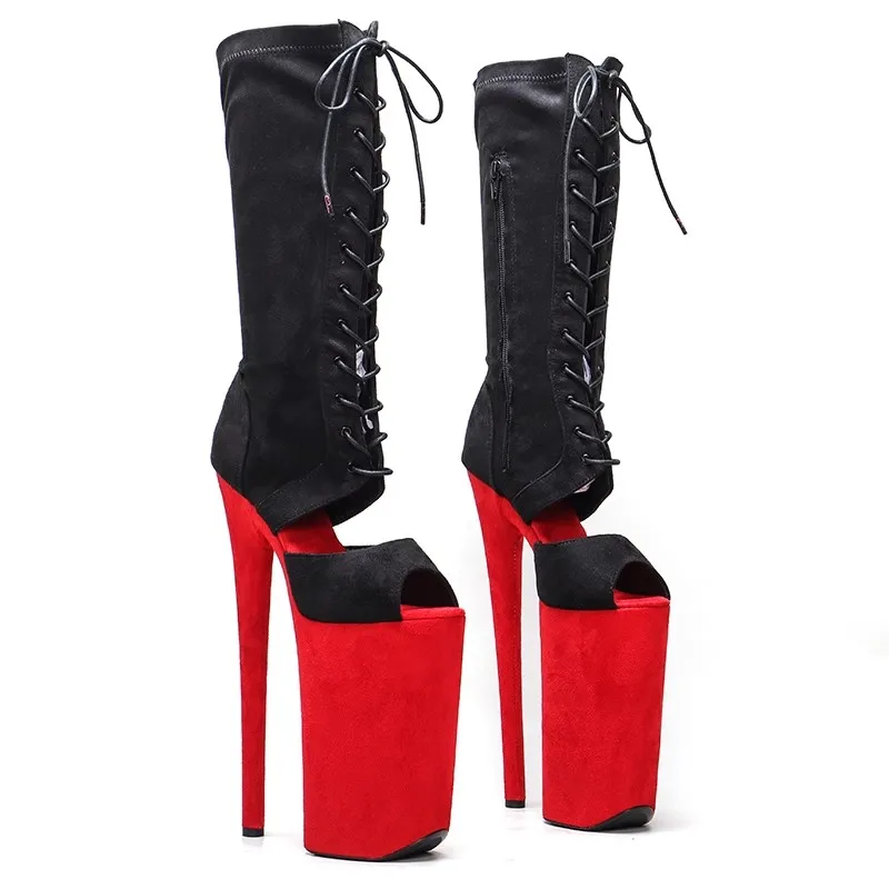 

LAIJIANJINXIA New 26CM/10Inch Black with Red Upper Women's Platform Party High Heels Modern Mid-Calf Boots Pole Dance Shoes 002