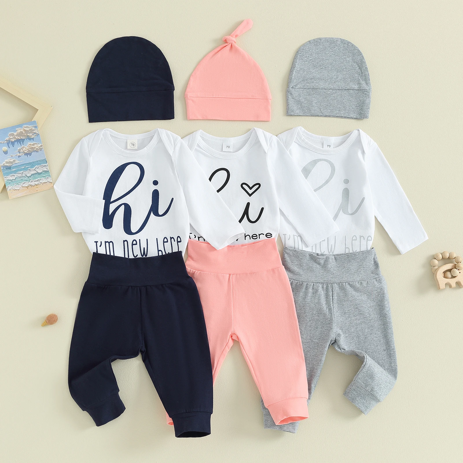 

2023-10-17 Lioraitiin 0-18M Newborn Baby Girl Boy Clothes Im New Here Infant Romper Pants Beanie Hat Set Baby Coming Home Outfit