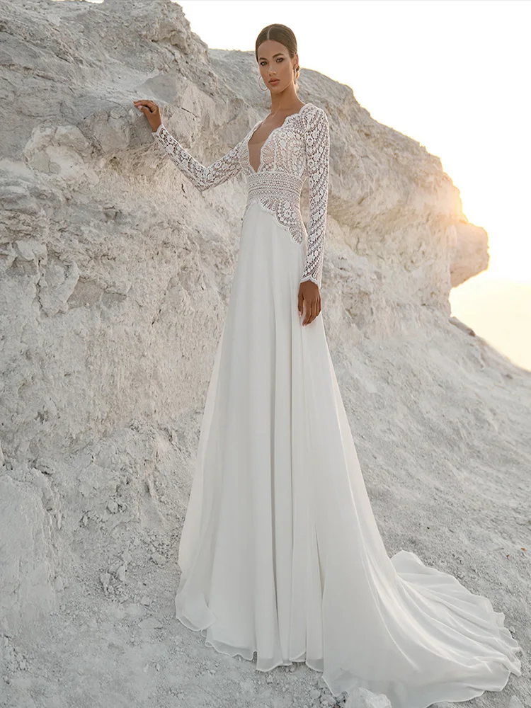 Sexy Wedding Dresses V Neck Long Sleeves Bohemian Lace Bridal Gowns Backless Chiffon Mariage Boho Vestido de novia
Sexy Wedding Dresses V Neck Long Sleeves Bohemian Lace Bridal Gowns Backless Chiffon Mariage Boho Vestido de novia