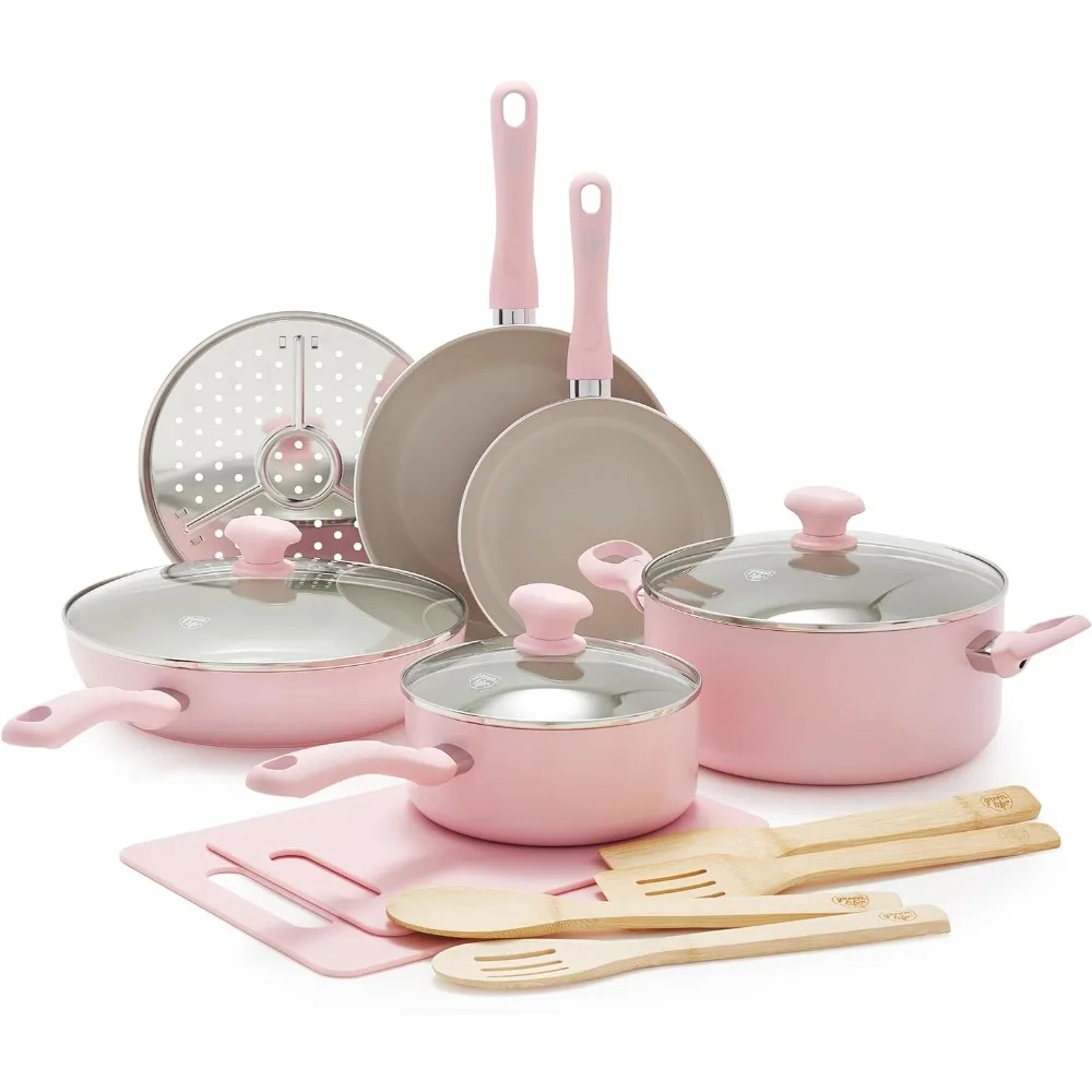 

Sandstone Healthy Ceramic Nonstick, 15 Piece Kitchen Cookware Pots and Frying Sauce Pans Set, PFAS- Free, Dishwasher Safe, Pink