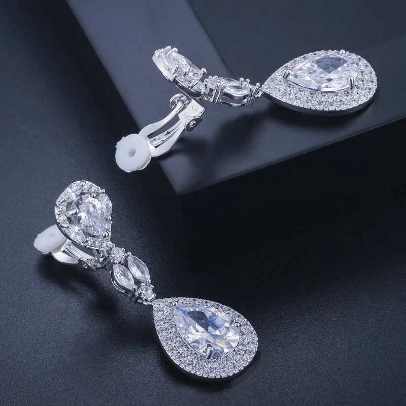 

ThreeGraces No Hole Piercing Ear Jewelry Shiny Water Drop Cubic Zirconia Bridal Wedding Long Clip on Earrings Non Pierced EJ46