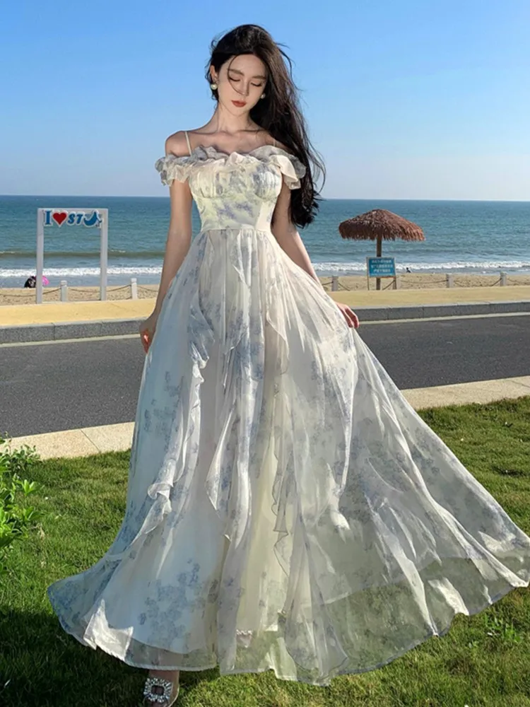 Women Fashion Bohemian Print Midi Dresses France Elegant Ruffles Strap Beach Holiday Vestidos Korean One Piece A-Line Robe
Women Fashion Bohemian Print Midi Dresses France Elegant Ruffles Strap Beach Holiday Vestidos Korean One Piece A-Line Robe