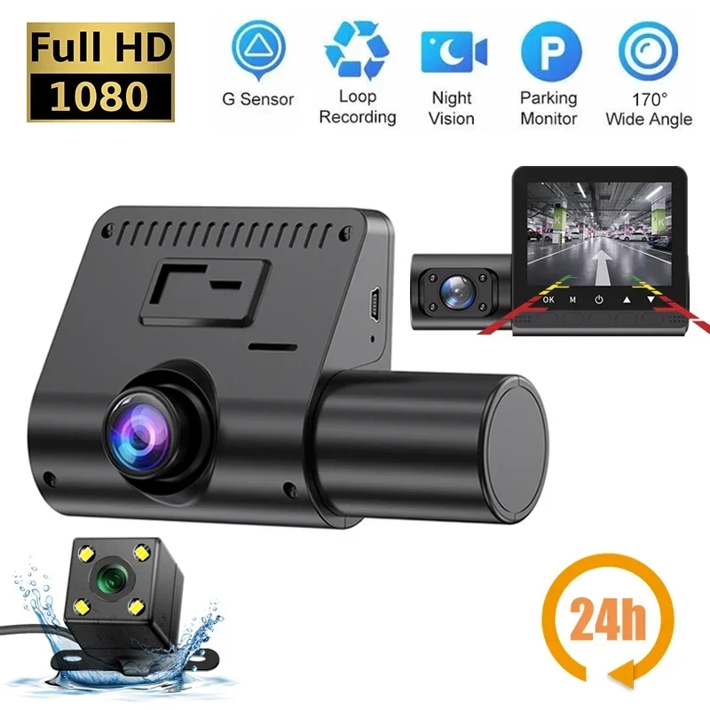 

FHD 1080P Dash Cam 3-Lens Car DVR 24H Parking Monitoring Video DashCam 3 Channel Video Recorder Three Way Black Box 2022