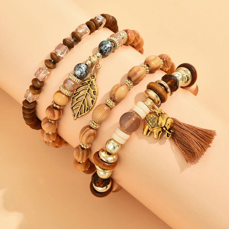

Винтажные браслеты из деревянных бусин, браслет из ниток, ретро браслет с подвесками, модные ювелирные изделия для женщин