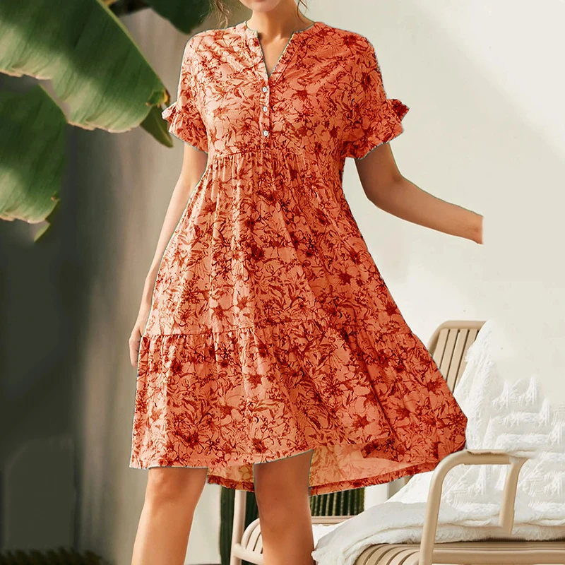 Summer V-Neck Button Short Sleeve Beach Dress Fashion Ruffles Ruched A-Line Knee Length Skirt Elegant Print Floral Casual Dress
Summer V-Neck Button Short Sleeve Beach Dress Fashion Ruffles Ruched A-Line Knee Length Skirt Elegant Print Floral Casual Dress