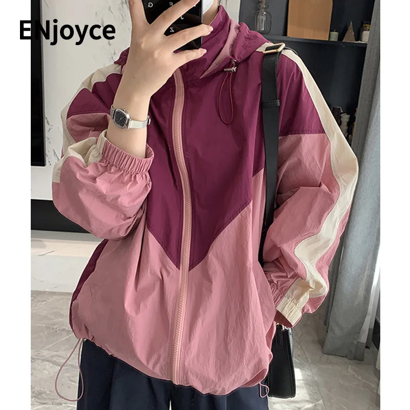 

Summer Women Contrast Color Design Coats Streetwear Casual Thin Sun Protection Jacket Loose Windbreaker Hooded Coat Female