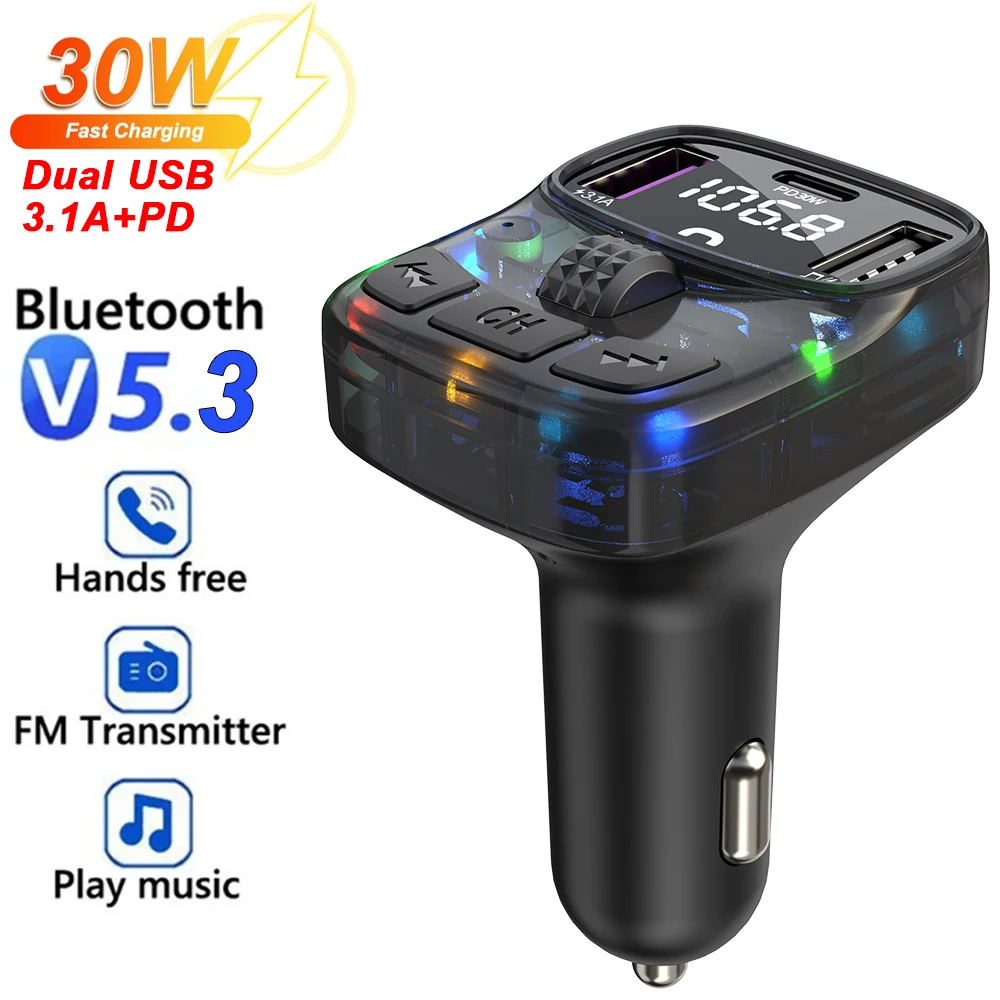 

Car Bluetooth 5.3 FM Transmitter PD Type-C Dual USB 3.1A Fast Charger Colorful Ambient Light Handsfree Call MP3 Player Adapte