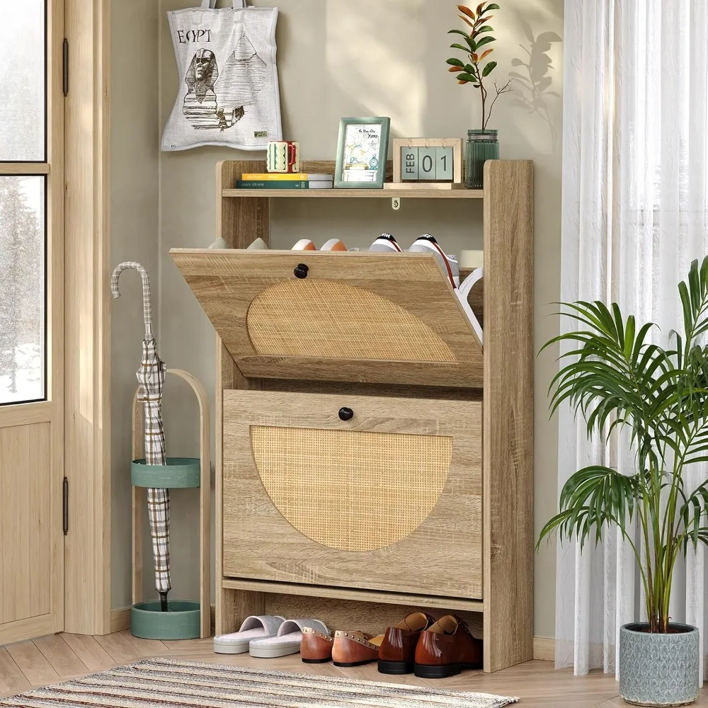 

Shoe Rack Storage Cabinet with 2 Natural Semi-Circular Rattan Doors, Entryway Wooden Shoe Cabinet for Sneakers, Leather Shoes