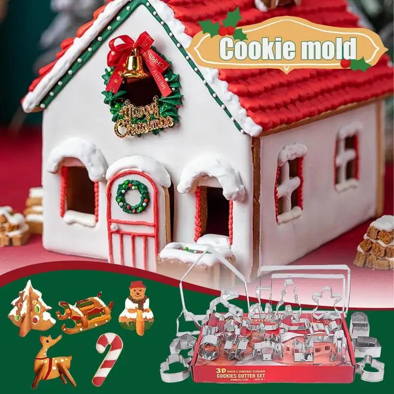 

Winter Cookie Cutters Cartoon 3D Gingerbread House Stainless Steel Cookie Molds Biscuit Cutter Set With Christmas Tree Snowman