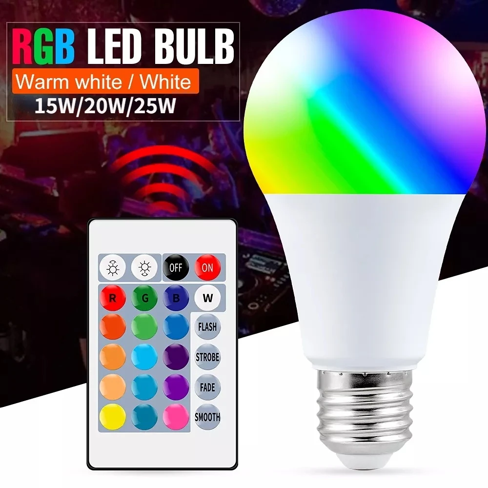 E27 RGB Light Bulb Dimmable 16 Colors Led Lamp 220V Smart Bulb Spot Light 5/10/15/20/25W IR Remote Control RGBW Lamp Home Decor
E27 RGB Light Bulb Dimmable 16 Colors Led Lamp 220V Smart Bulb Spot Light 5/10/15/20/25W IR Remote Control RGBW Lamp Home Decor