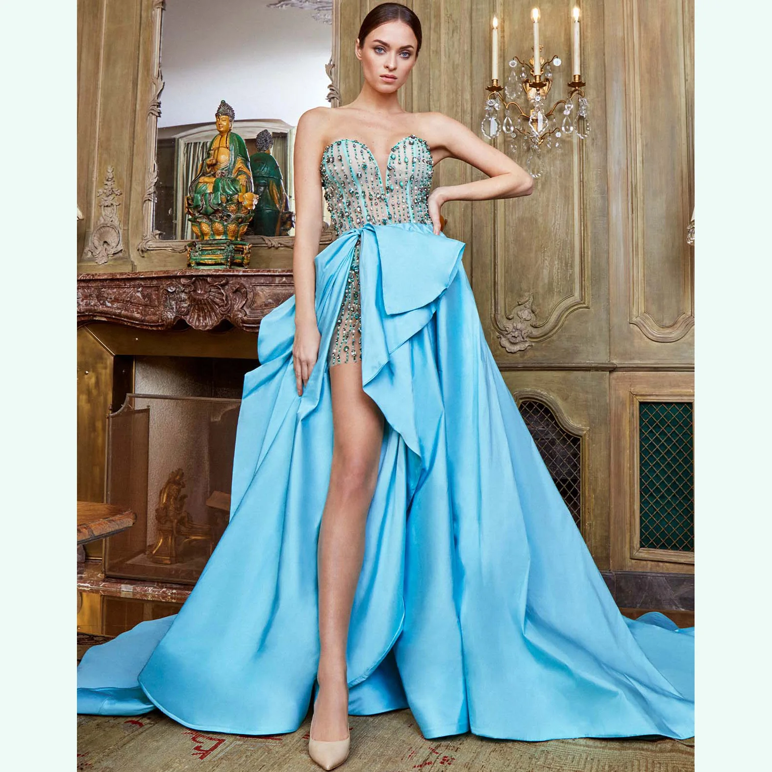 

Sky Blue Women Skirts Floor Length Saias Long Party Skirt Sexy Split Women Maxi Skirt Draped jupe femme