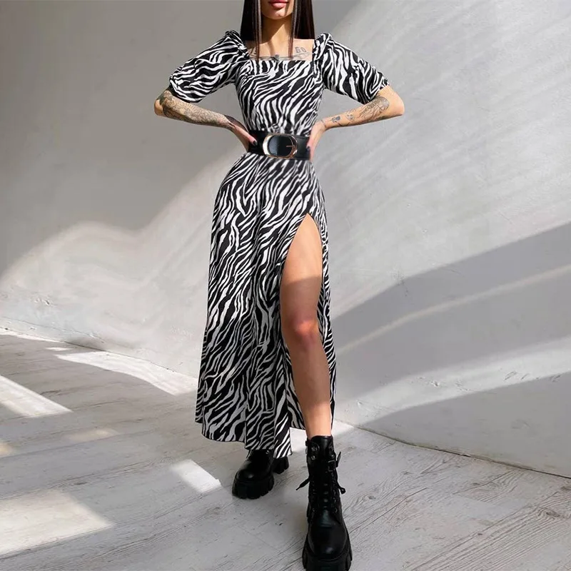 

Summer Women Zebra Print Party Dress Y2K Clothes INS Casual Fashion Short Sleeve Slit Vacation Dress Streetwear