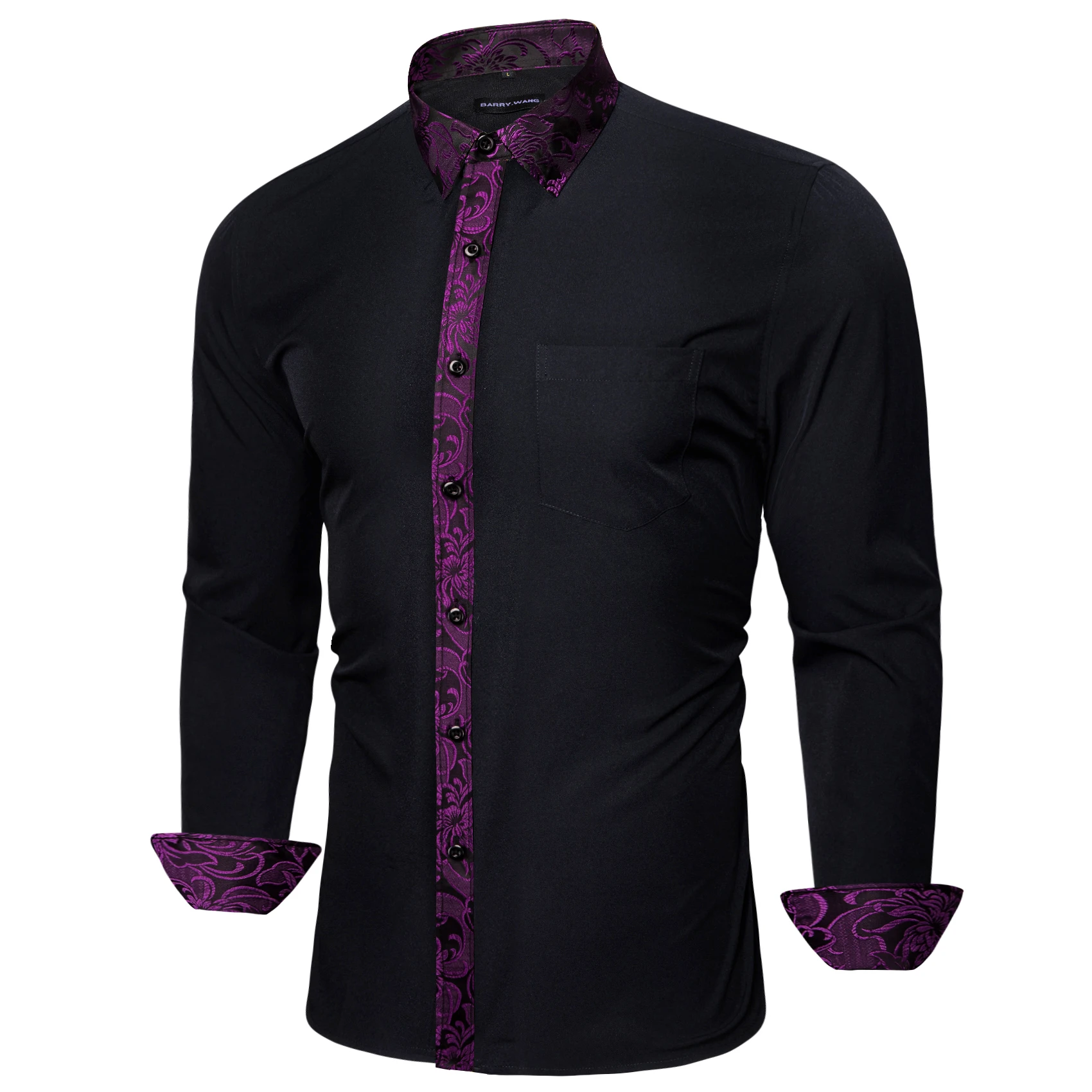 

Designer Shirts for Men Silk Black Patch Purple Flower Long Sleeve Spring Autumn Slim Fit Male Blouses Casual Tops Barry Wang