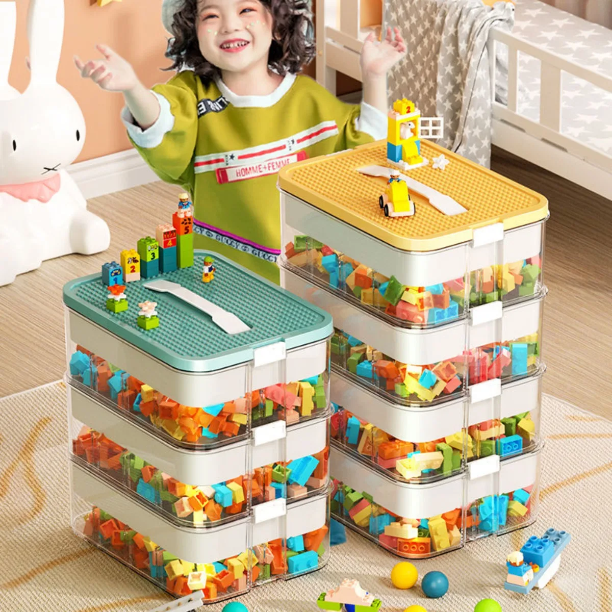 

Building Blocks Storage Box 1/2 Layers Kids Transparent Box Building Block Case Lego-Compatible Storage Container and Organizer