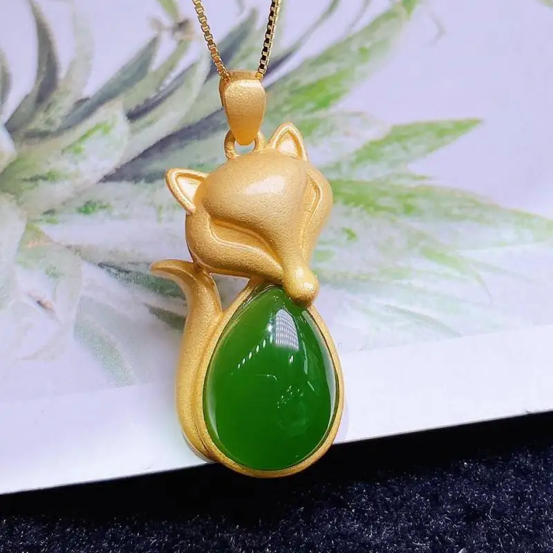 

S925 Sterling Silver Green Jade Fox Pendant Necklace Women Genuine Chinese Hetian Jades Nephrite Golden Fox Lucky Charms Amulets