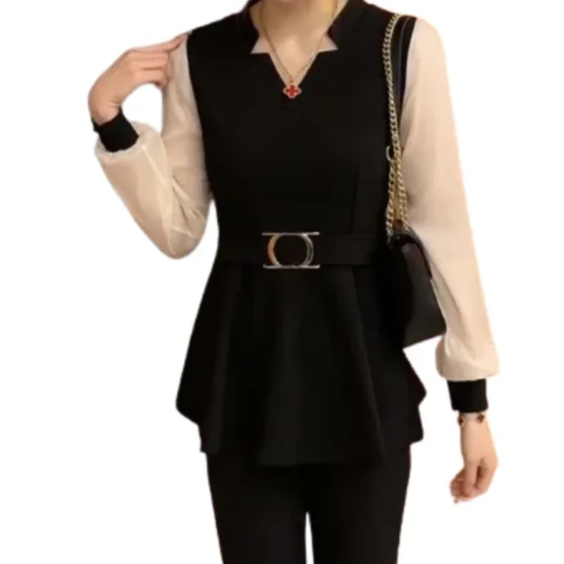 Women Spring and Autumn New Fashion Temperament V-Neck Waist Chiffon Spliced Loose Casual Generous Trouser Suits
Women Spring and Autumn New Fashion Temperament V-Neck Waist Chiffon Spliced Loose Casual Generous Trouser Suits