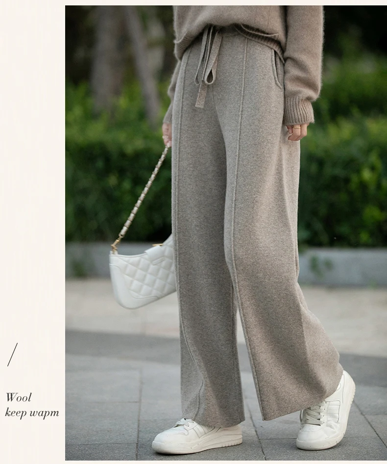 بنطلون نسائي واسع الساق من الصوف الخالص 100٪ مع جيوب للارتداء خارج المنزل، سروال للجري، ملابس نسائية بنطلون نسائي واسع الساق من الصوف الخالص 100٪ مع جيوب للارتداء خارج المنزل، سروال للجري، ملابس نسائية