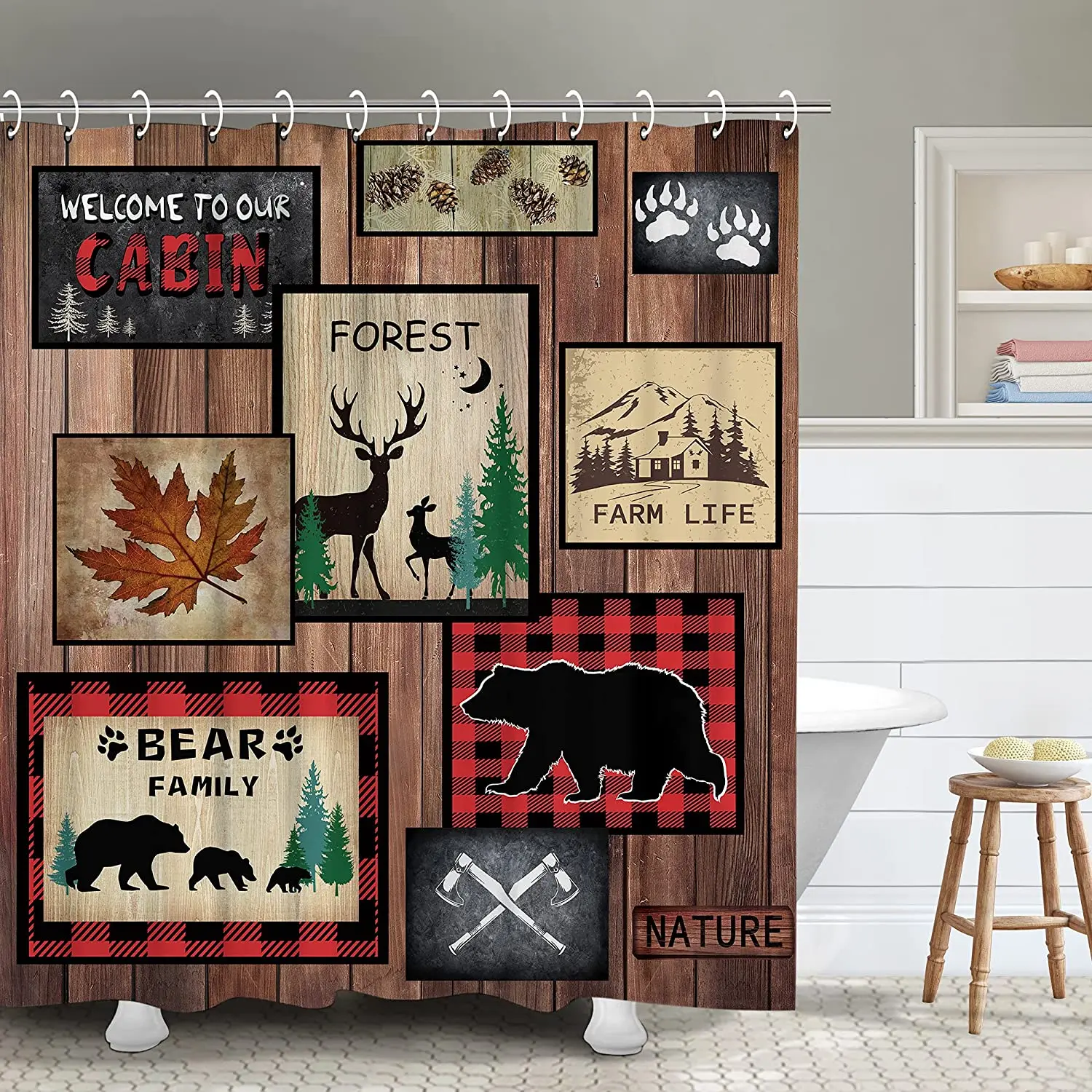 

Cabin Shower Curtain Farmhouse Rustic Bear Deer Moose Country Lodge Wildlife Woodland Bathroom with Hooks Primitive Curtains