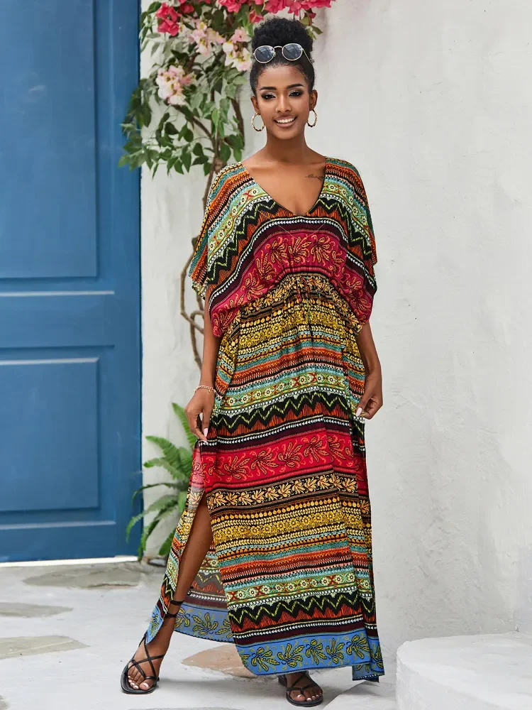

Женское пляжное платье 2023, индийская народная винтажная накидка, летние праздничные купальные костюмы, макси халат с завязкой на талии, пляжная одежда