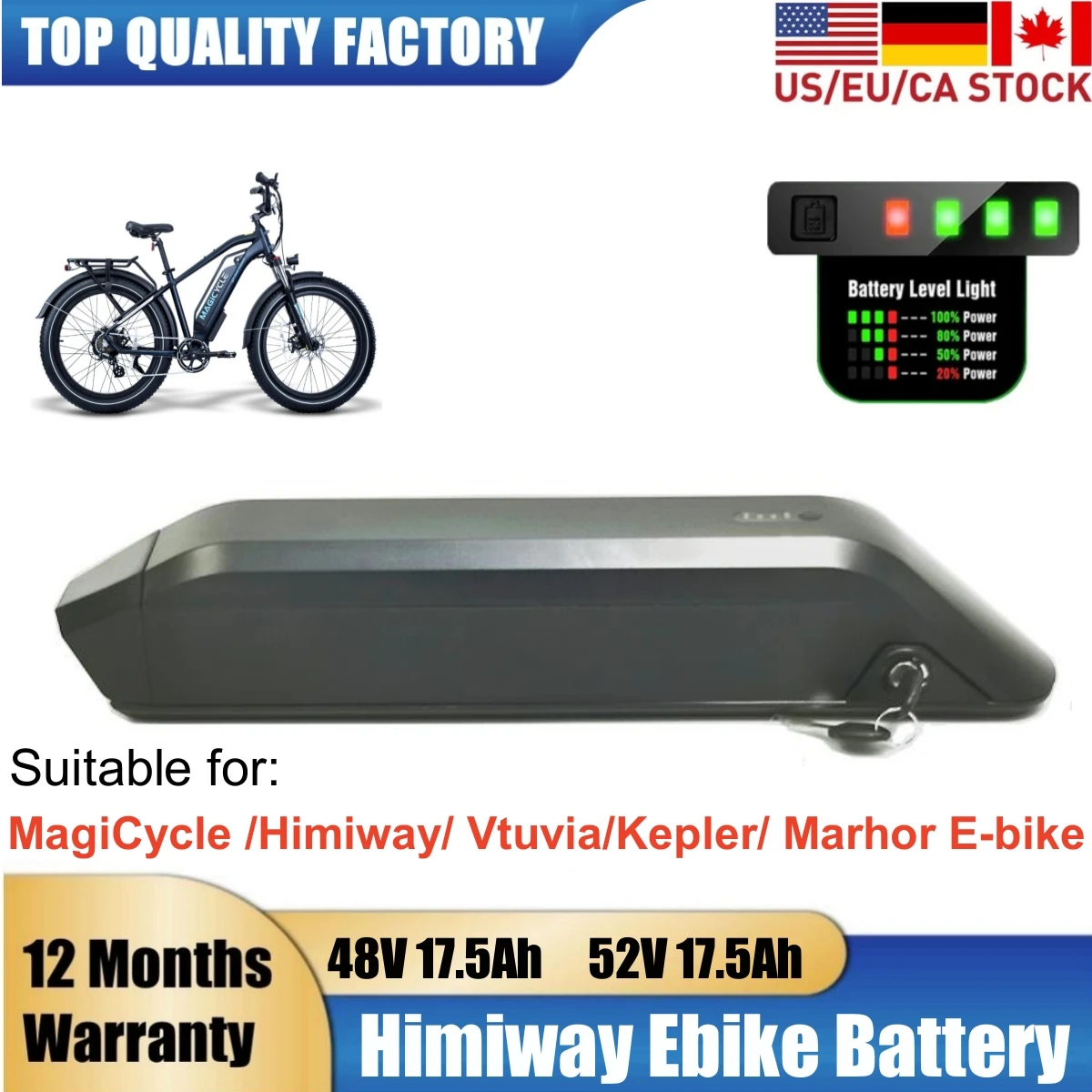 

Kirin Battery 48V 17.5Ah Side Release Ebike Batteries for MagiCycle /Himiway/ Vtuvia/ Kepler E-bike 52v 500w 750w 1000w Bycicle