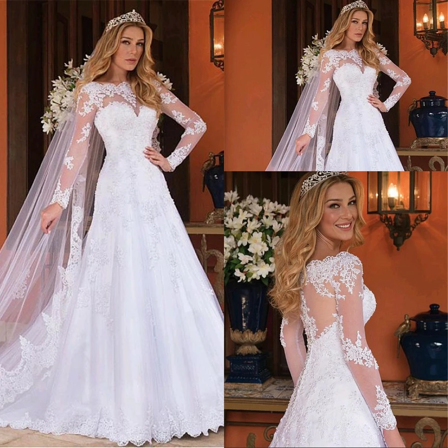 Elegant Tulle A-line Arabic Wedding Dresses Long Sleeves With Lace Appliques & Beadings Wedding Gowns vestidos de novia 2021
Elegant Tulle A-line Arabic Wedding Dresses Long Sleeves With Lace Appliques & Beadings Wedding Gowns vestidos de novia 2021