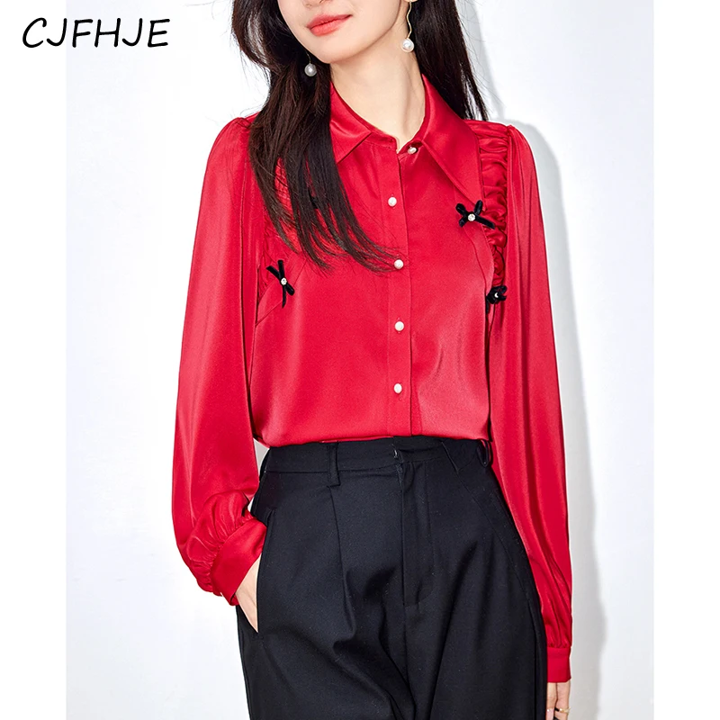 

CJFHJE Spring Fashion Style Red Chiffon Shirt Korean Versatile Commuter Design Loose Women Loose POLO Neck Long Sleeved Shirt