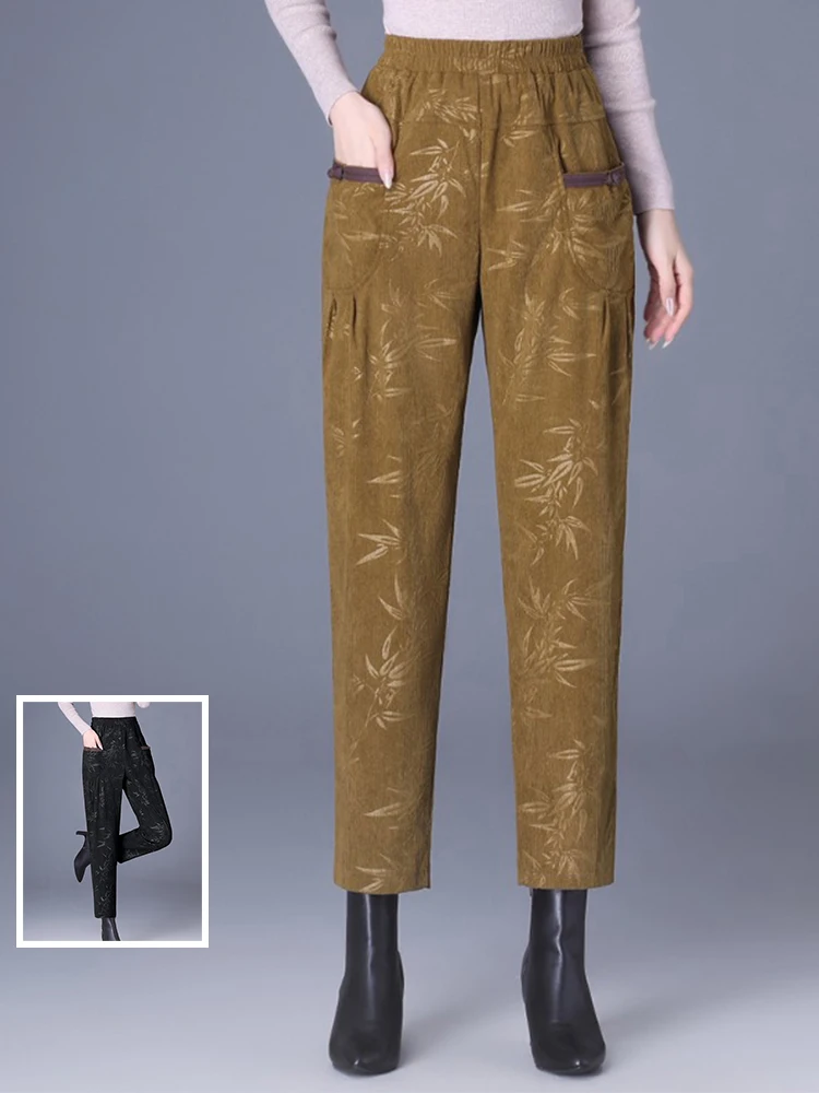 

Autumn Winter Middle-Age Mom Corduroy Jacquard Harem Pants Elastic High Waist Vintage Warm Casual Cozy Simple Female Trousers