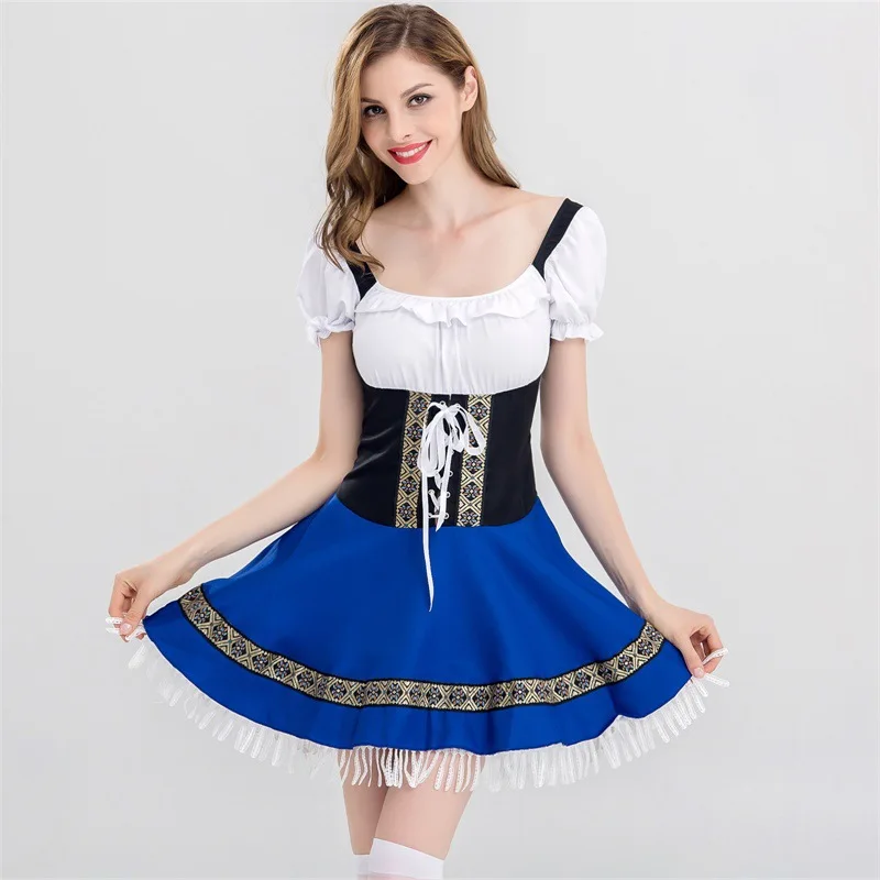 

German Beer Dirndl Dress Apron Set For Women's Bavarian Oktoberfest Babe Bar Maid Cosplay Carnival Plaid Dress