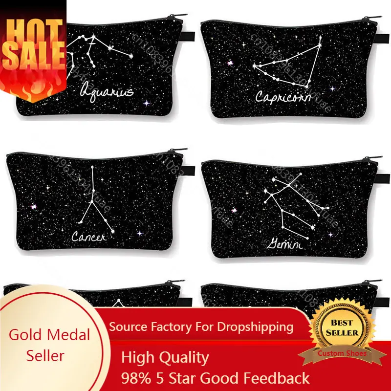 

Twelve Constellations Zodiac Sign Cosmetic Bag Women Beauty Makeup Bags Ladies Zipper Pouch Lipstick Bag Girls Cosmetic Case