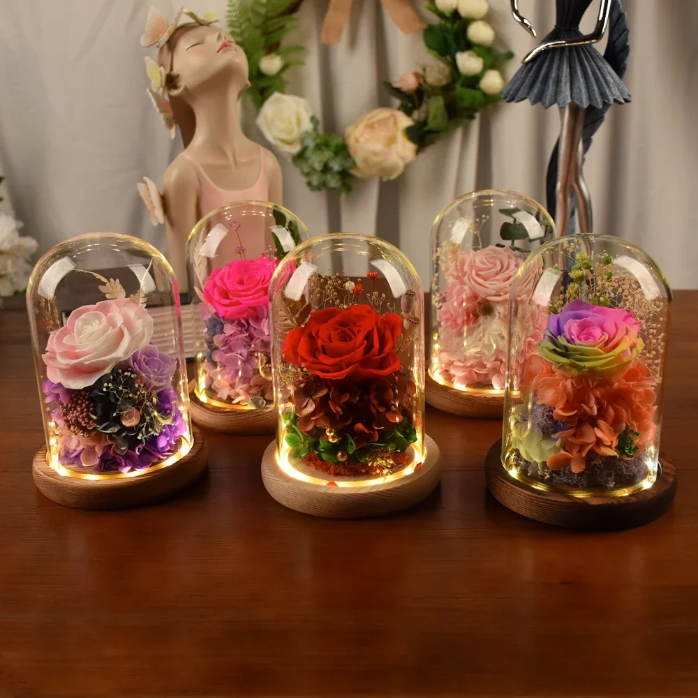 

Valentines Day Gift Eternal Flowers Rose for Women Light Up Preserved Real Rose in Glass Dome for Anniversary Birthday Gifts