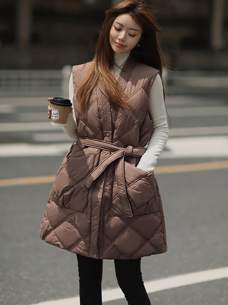 

Winter Cotton Padded Bodywarm Down Puffer Vest with Belt Lightweight Sleeveless Jakcet Women Plus Size Coat Outerwear