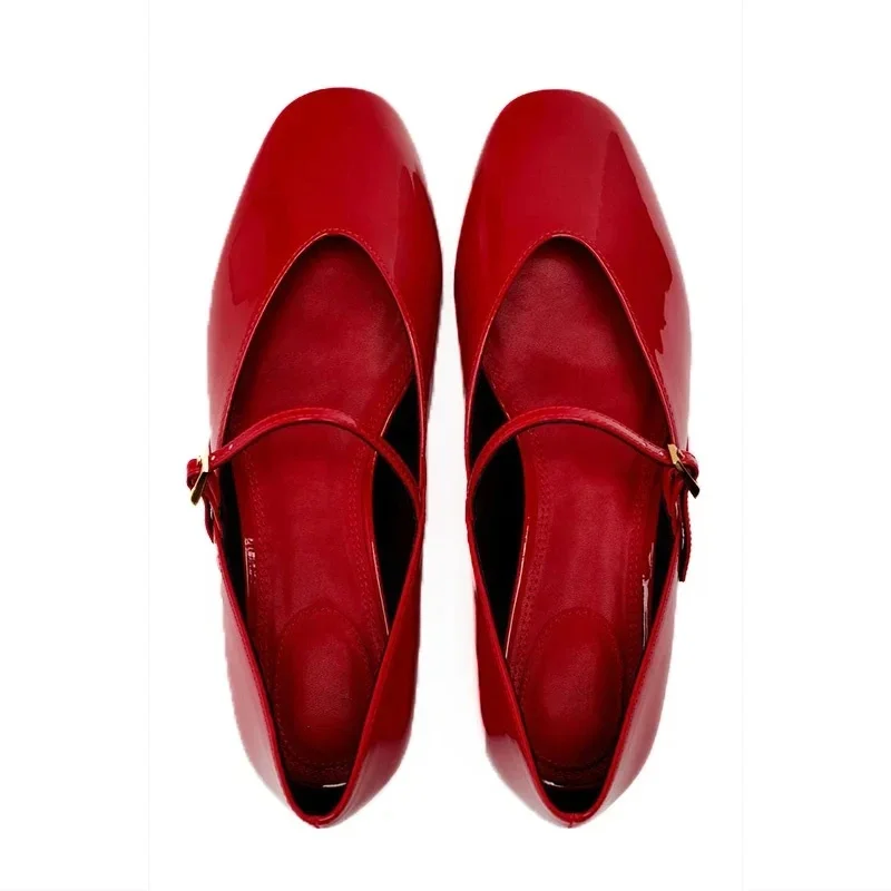 Woman Red Mary Jane Shoes 2024 Summer Chic Faux Patent Leather Flats Womens Fashion Round Toe Buckle Strap Single Shoes Woman Red Mary Jane Shoes 2024 Summer Chic Faux Patent Leather Flats Womens Fashion Round Toe Buckle Strap Single Shoes