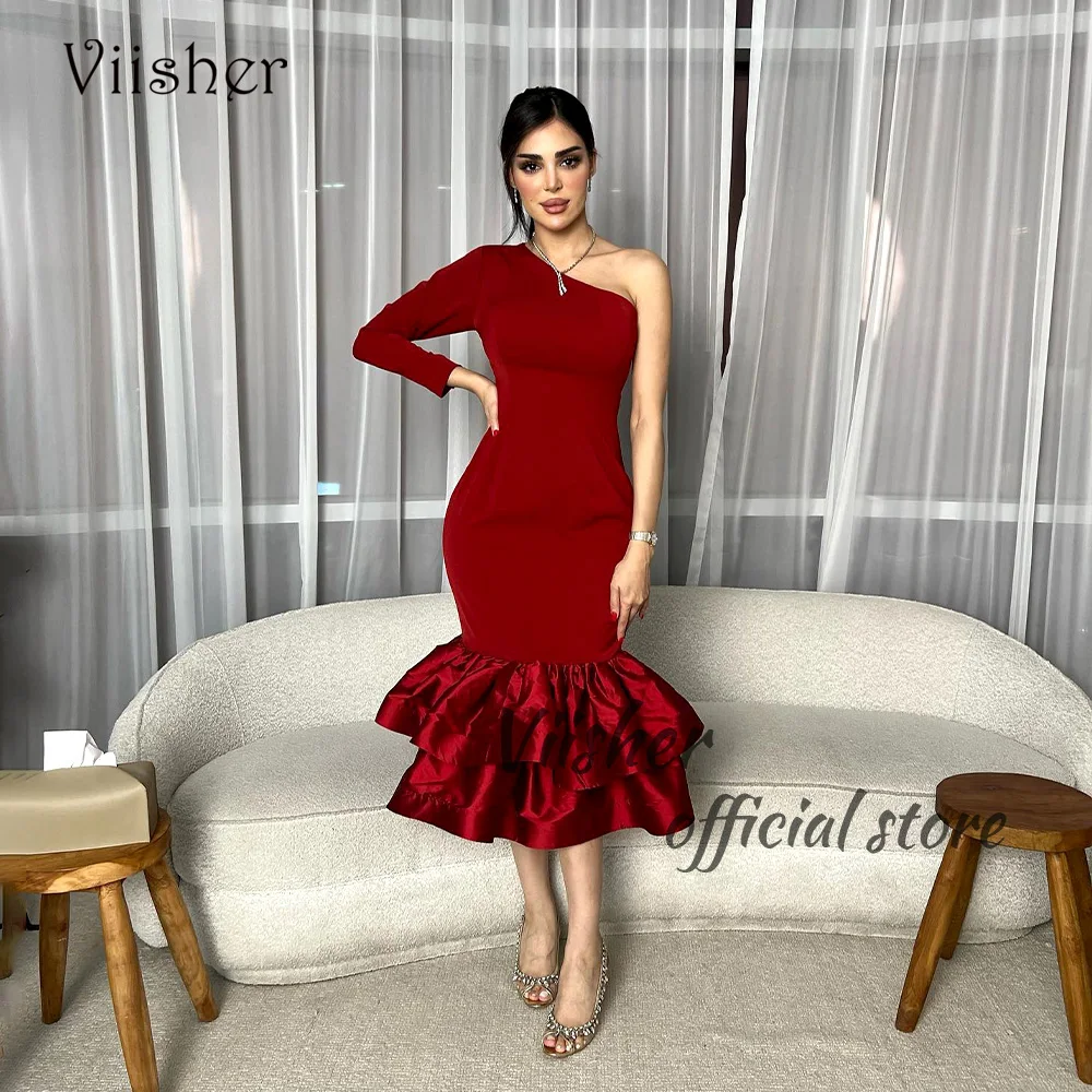 

Viisher Burgundy Satin One Shoulder Mermaid Evening Dresses for Women Pleats Tea Length Formal Dress Dubai Arabia Prom Gowns