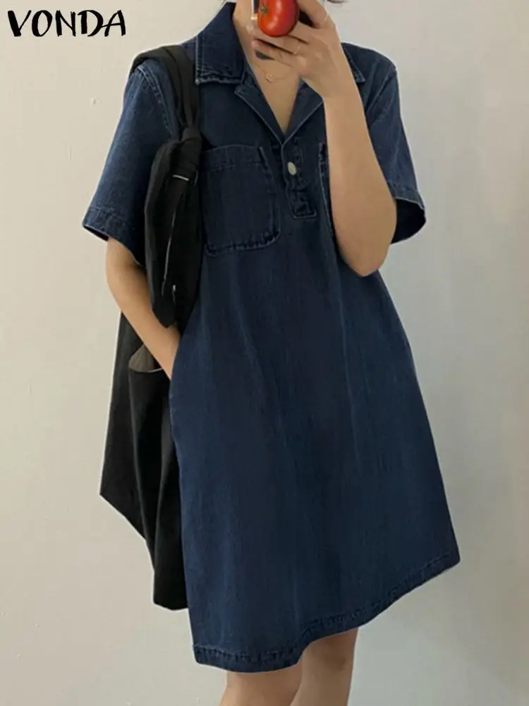 

Women Summer Sundress 2023 VONDA Short Sleeve Mini Dress Fashion Lapel Buttons Casual Elegant Loose Solid Color Vestidos Robe