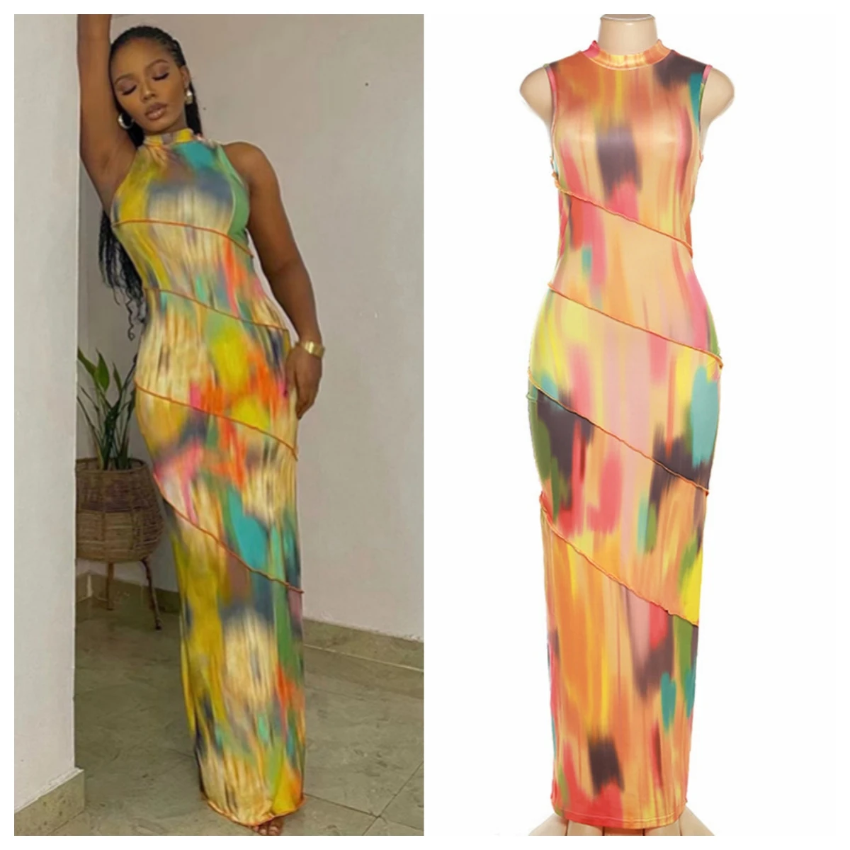 

Tie Dye Print Sleeveless Long Dress Aesthetic Colorful Women Hipster Striped Patchwork Maxi Club Party Robe Female Streetwear