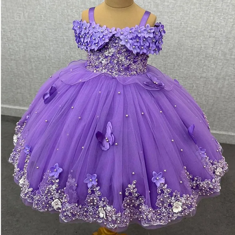 

Purple Puffy Flower Girl Dress For Wedding Tulle With Pearls Applique O-neck Princess Dresses Kids Party Birthday Ball Gown