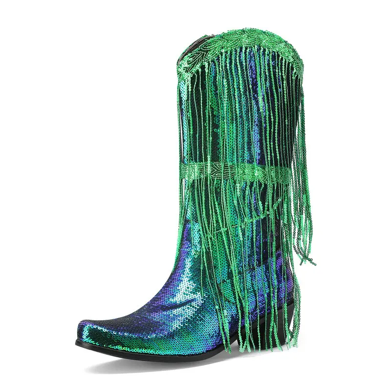 

Fringe Sequined Western Cowboy Boots for Wide Calf Women's Bling Heeled Shoes Fall Winter 2024 PU Silver Gold 6 Colours Footwear